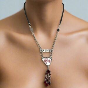 Heart Broken China Pendant W/ VNTG Garnet Tassel, Artisan Metalwork & Leather